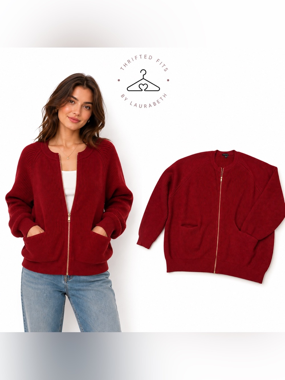 Universal Standard Red Zip-Front Ribbed Sweater Cardigan